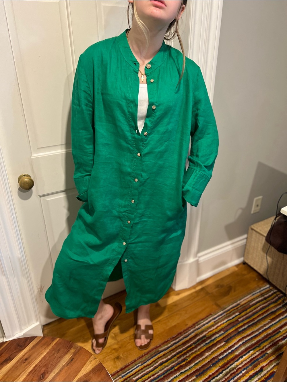 Zara Emerald Green Long-Sleeve Button-Front Linen Tunic Dress